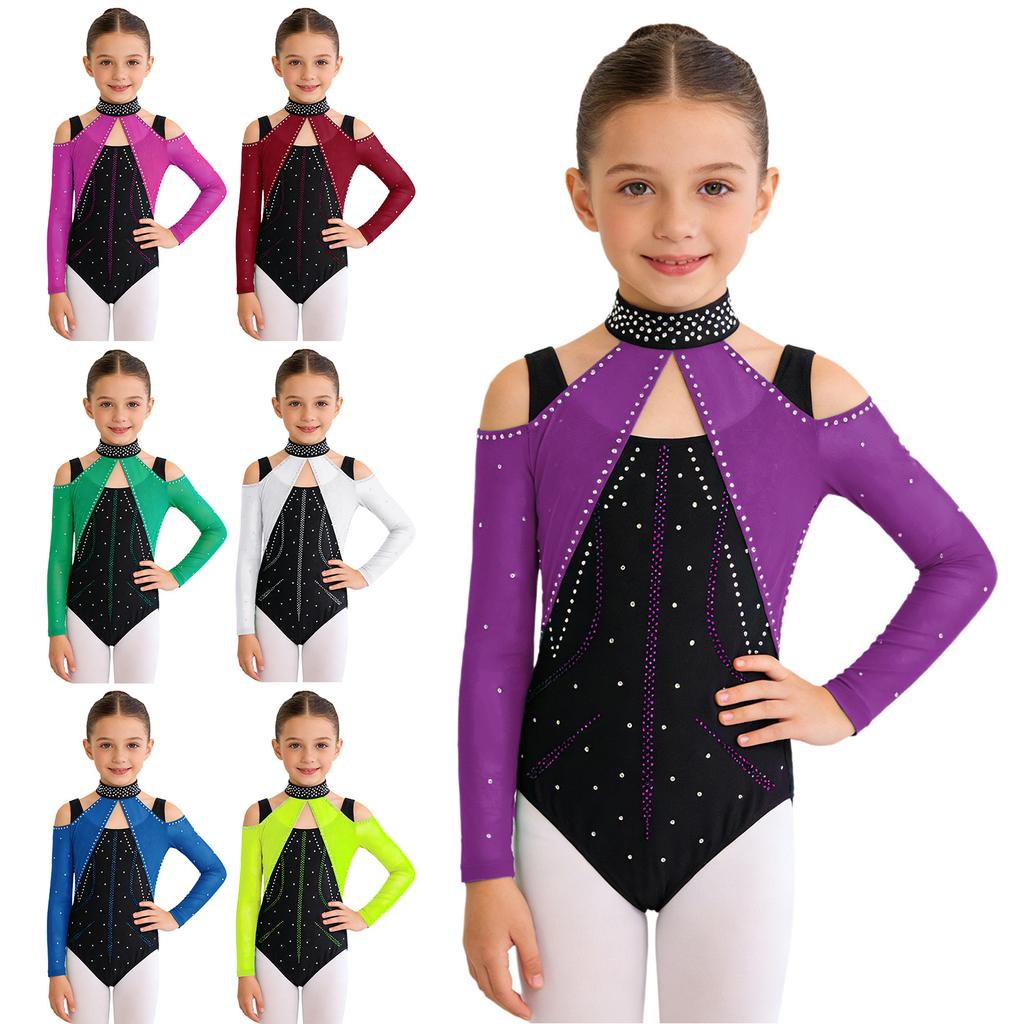 Flickor Gymnastikdräkt Utskuren Nätlapp Lapptäcke Glittrande Strass Färgblock Balett Bodysuit
