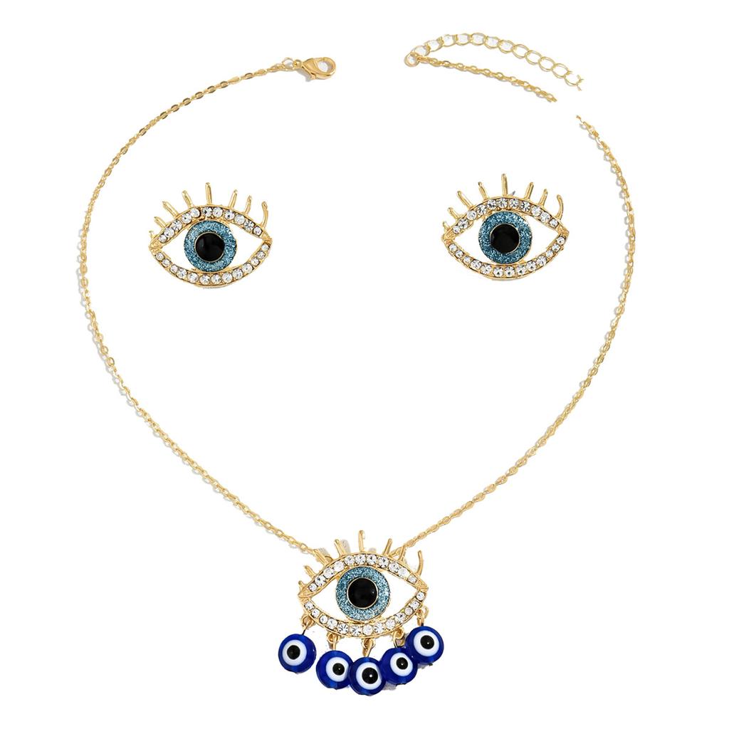 Versatile Hip Hop Women's Earrings Necklace Set Personality Devil's Eye Diamond Design Stud Earrings Clavicle Chain