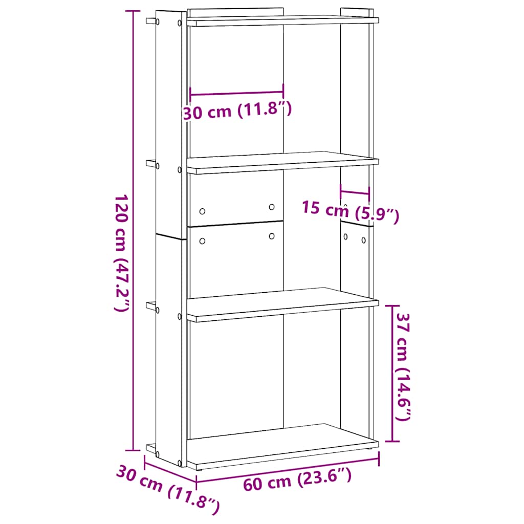 Bookshelf with 3 Shelves Smoked Oak Finish 60 X 30 X 120 Cm Engineered Wood