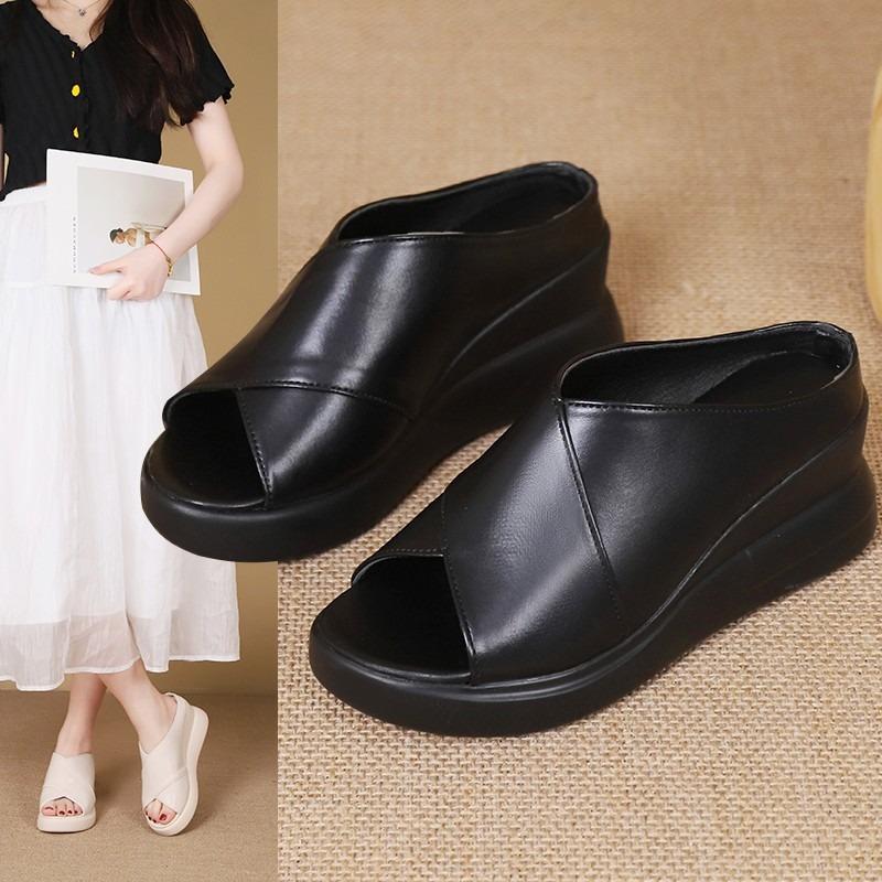 Thick-soled slope heel cool slippers women's fashion summer new soft leather high heels fish mouth cool slippers