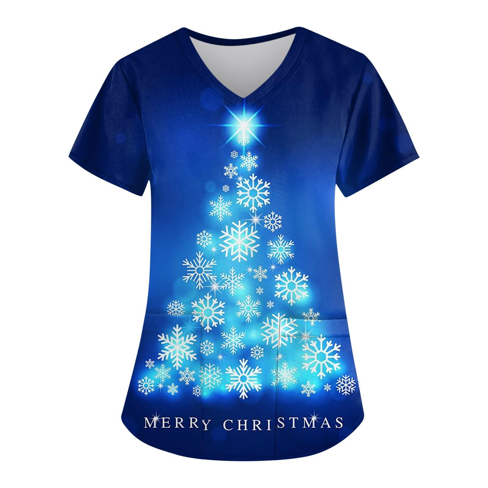 

Женская мода с рождественским принтом и короткими рукавами с v-образным вырезом, маленькая рабочая футболка с карманами XXL синий