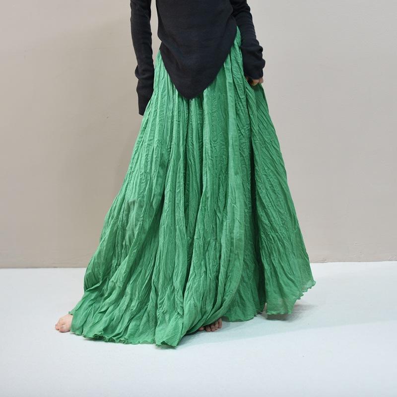 Women's Linen Maxi Skirts Summer Boho Solid Beach Elastic High Waist Pleated A-Line Flowy Swing Long Maxi Skirts Elastic Waist Long Skirt for Women