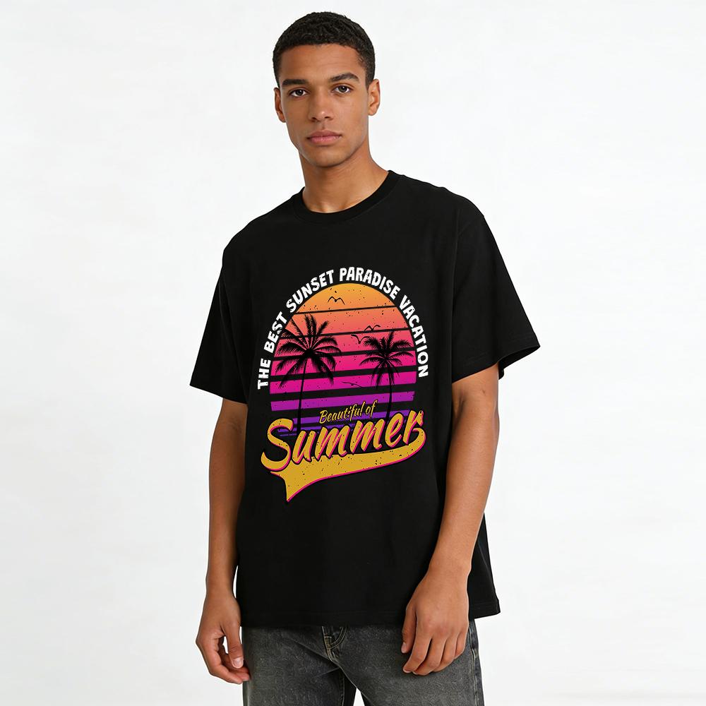 Vintage Sunset Coconut Tree Beautiful Summer Vacation Graphic Tee Pure cotton T-shirt