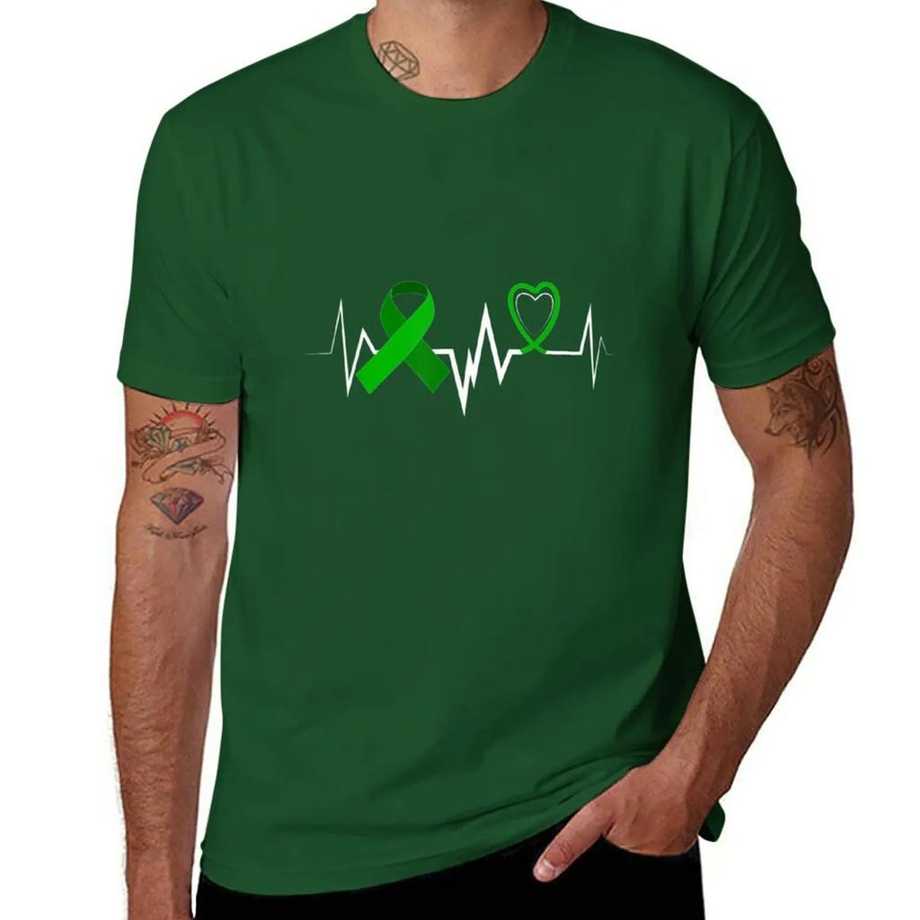 Heartbeat Green Ribbon Kidney Disease Awareness T-Shirt Summer Tops Cute Tops Oversized Mens Clothes