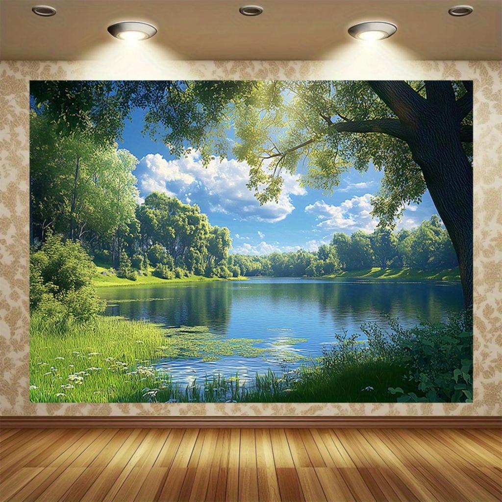 2D plane tranquil forest lake scenery background fabric green trees on the calm water surface polyester fiber