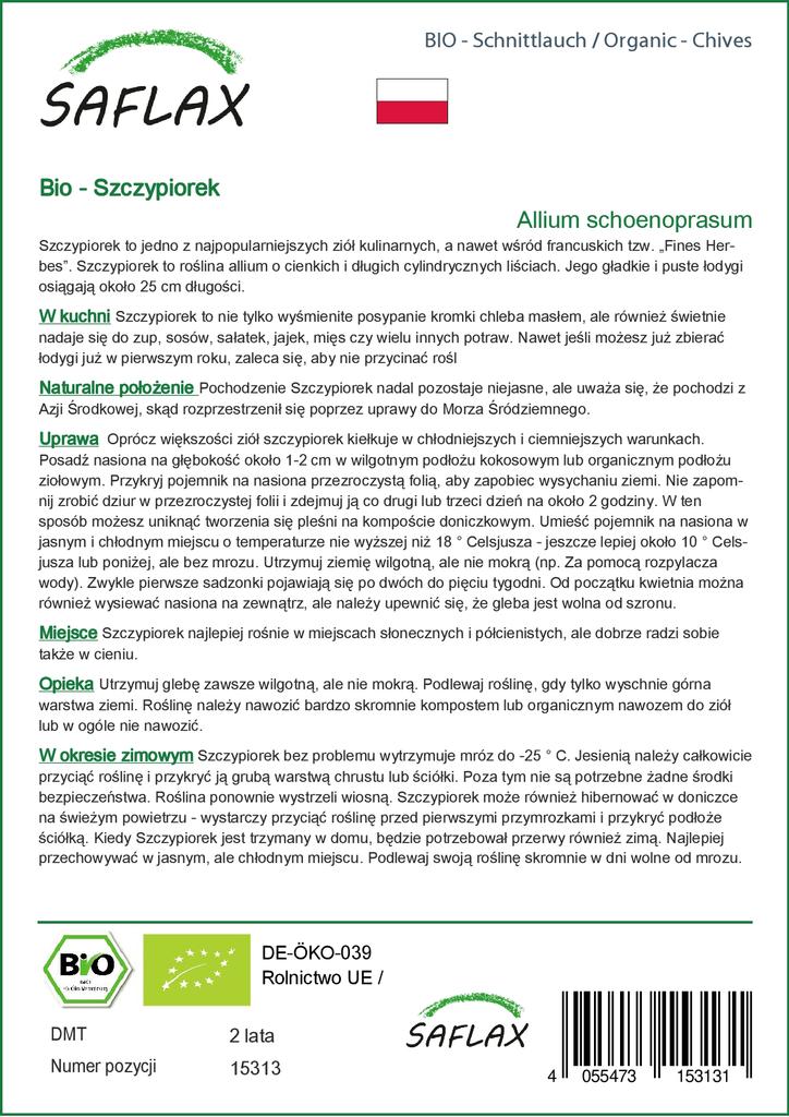 SAFLAX Garden In the Bag - Organic - Chives - 250 Seeds - With Substrate In a Fitting Stand Up Bag - Allium Schoenoprasum