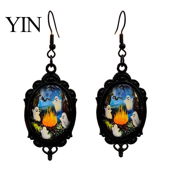 Handmade Crystal Glue Earrings Gothic Ghost Earrings, Vintage Style Matte Black Alloy Dangle Decorative Commemorative Jewelry Halloween for