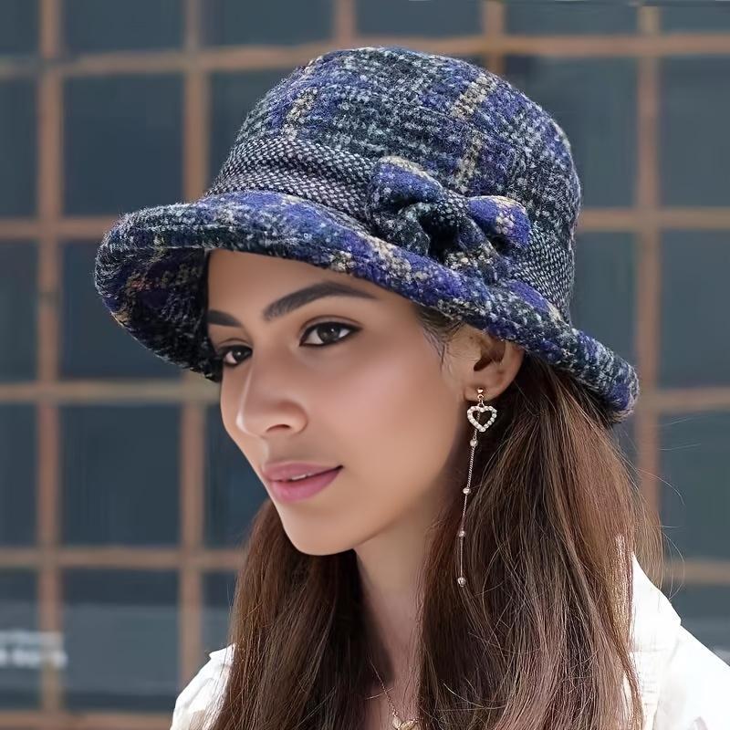 Autumn and Winter Knitted Bowknot Color Blocking Thickened Basin Hat, Casual Outdoor Sports Warm Wide Brimmed Bucket Hat