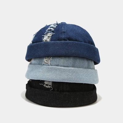 Unisex Vintage Adjustable Denim Beret Skull Bonnet Hip Hop Melon Beanie Cap Dome Hat Docker Hole Design for Men And Women