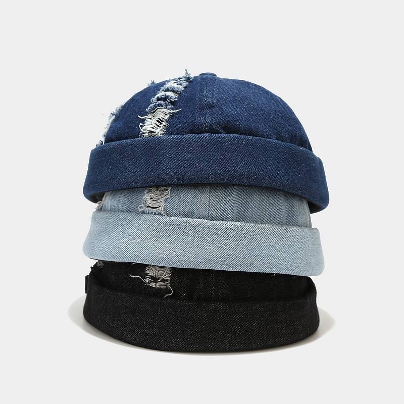 Unisex Vintage Adjustable Denim Beret Skull Bonnet Hip Hop Melon Beanie Cap Dome Hat Docker Hole Design for Men And Women