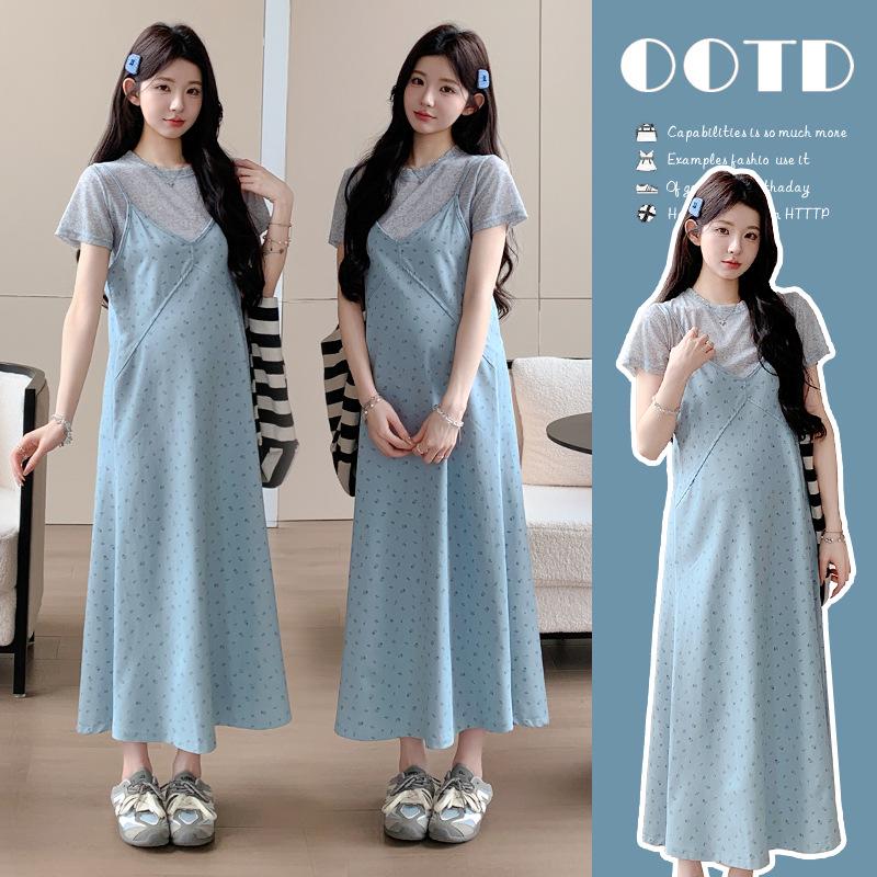 2026 Summer Maternity Plus Size Printed Camisole Dress & Short Sleeve T-Shirt Set M