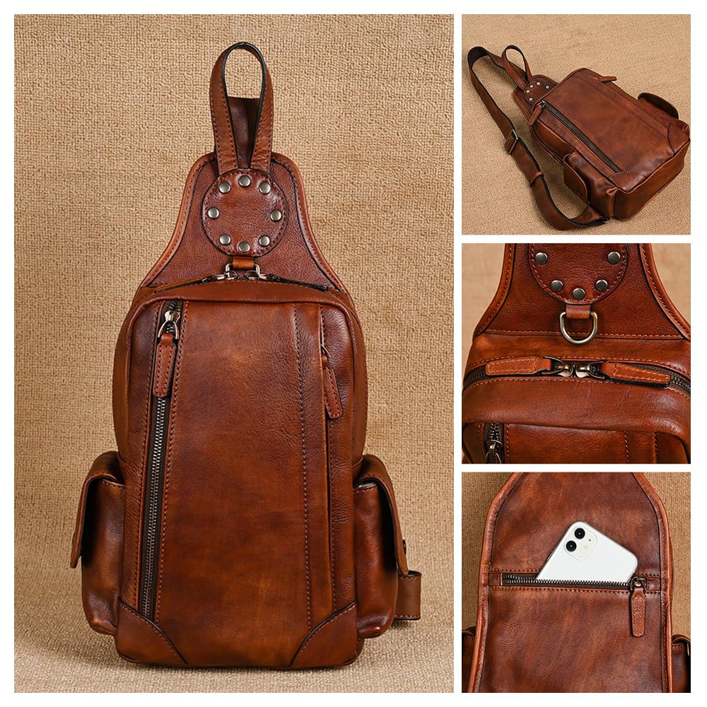 Whatna Antique-Style Tanned Natural Cowhide Leather Crossbody BagOne-Shoulder Bag for Men, Double Zipper, Genuine Leather, Thick, 2017 (Brown)