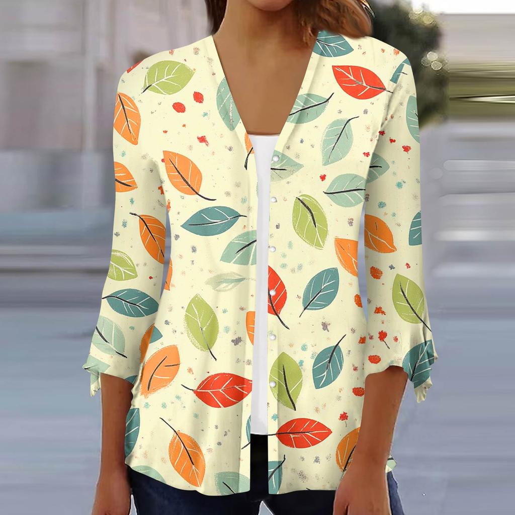 Moda Donna Blusa Cardigan Top Manica a Sette Parti Stampata Casual Ampia
