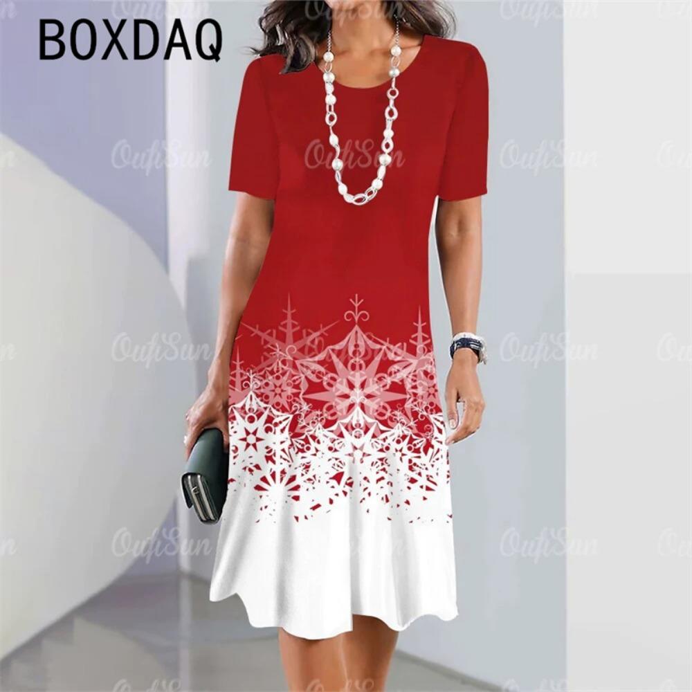 

Red Christmas Theme Dress Women s Short Sleeve Round Neck Casual A-Line Dress Women s Fashion Holiday Wear Casual Party Gown S