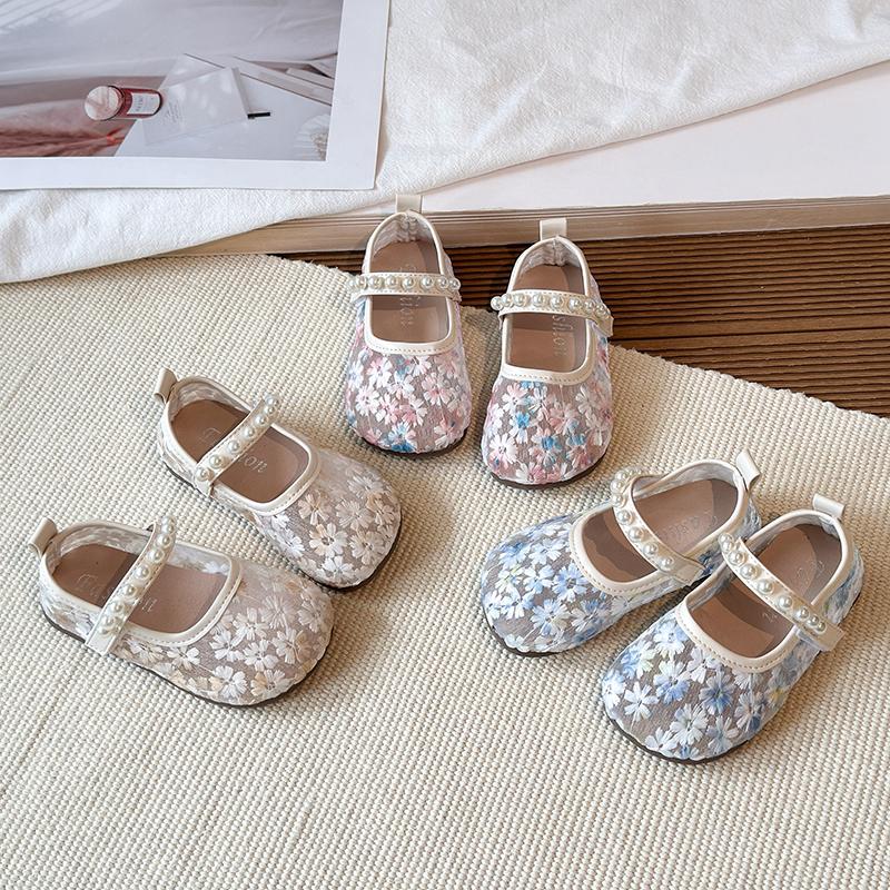 Children Clothing Yulin-001 Girls Pink/Blue Floral Embroidery Mesh Ballet Flat Baby Elegant Pearl Strap Mary Jane Shoes Kid Wedding Party Lace Ballerina Shoe Cm