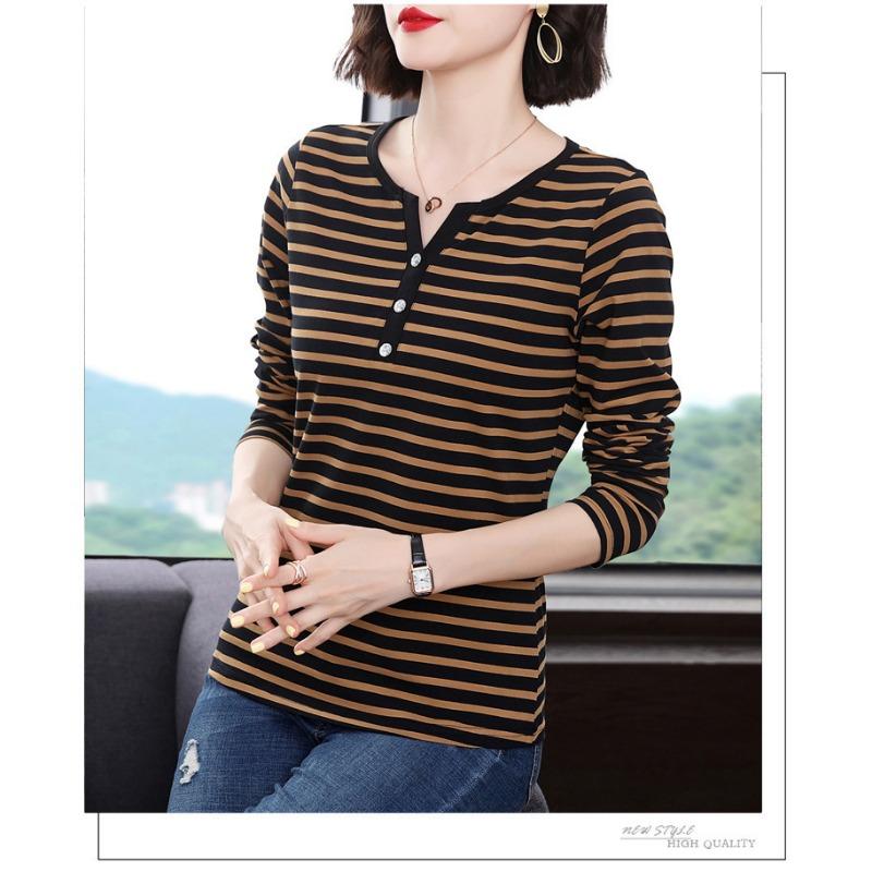 Long Sleeve Striped V Neck T Shirt Women Fitted Plus Size Casual Top