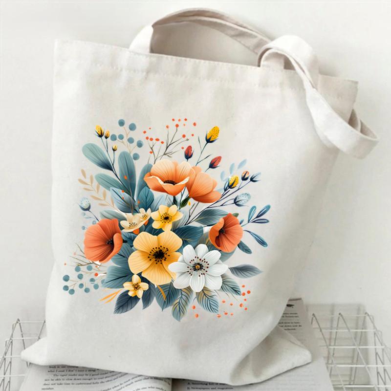 Elegant Wildflowers Aesthetic Canvas Handbag Reusable Floral Shopping Tote Bag for Women