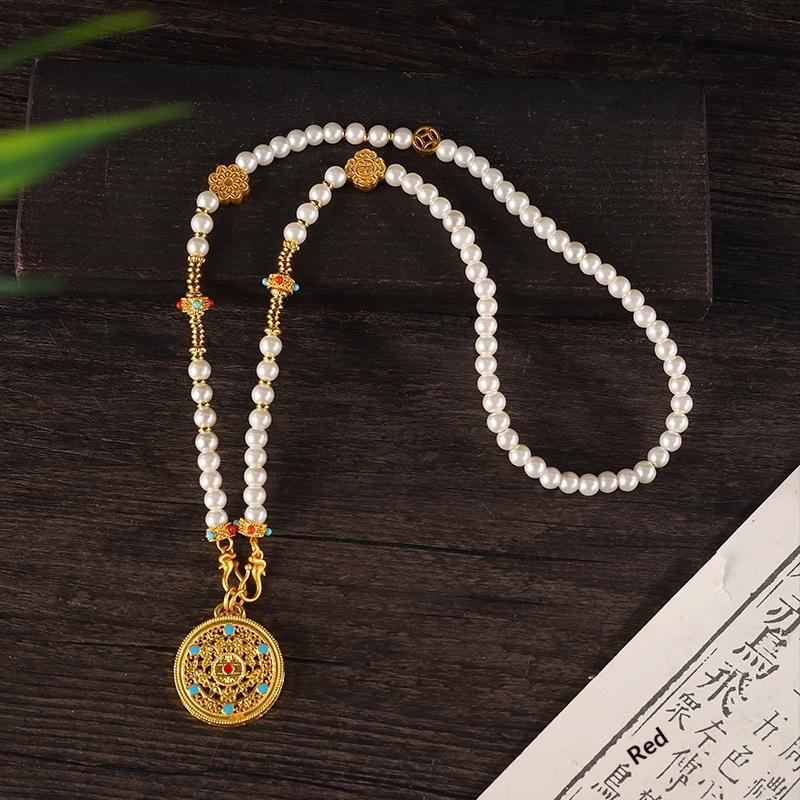 Chinese Style Pearl Necklace Hanfu Accessory Zinc Alloy Hollow Carved Pendant Long Chain Necklace