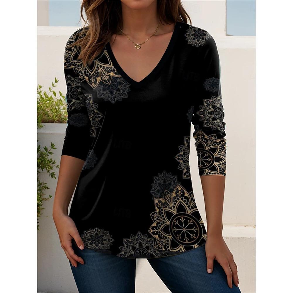 Elegant Women's Autumn Top V-Neck Vintage-Print Long-Sleeve T-Shirt Loose Comfortable and Stylish for Streetwear or Outdoor Wear