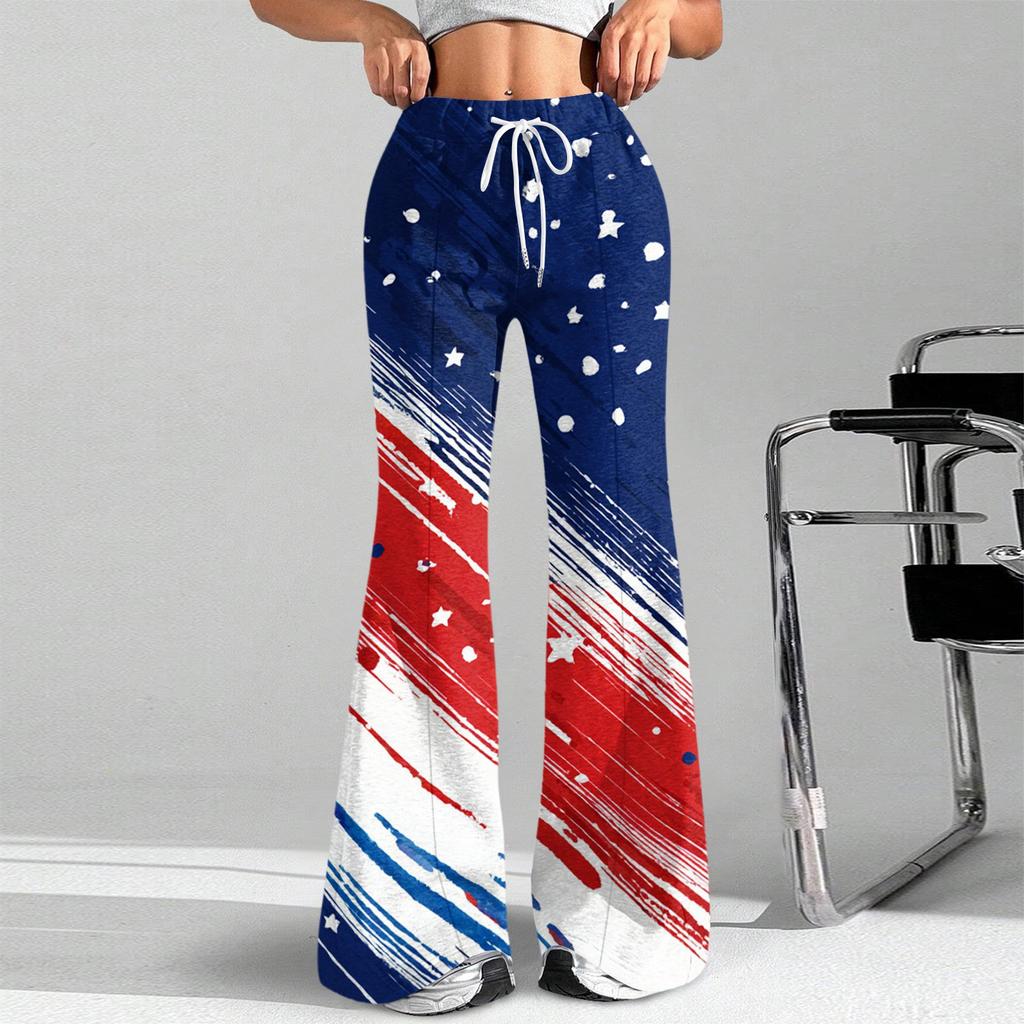 Women's Fashion Loose Drawstring Tight Waist Independence Day Printed Casual Sports Pants Casual Flared Pants