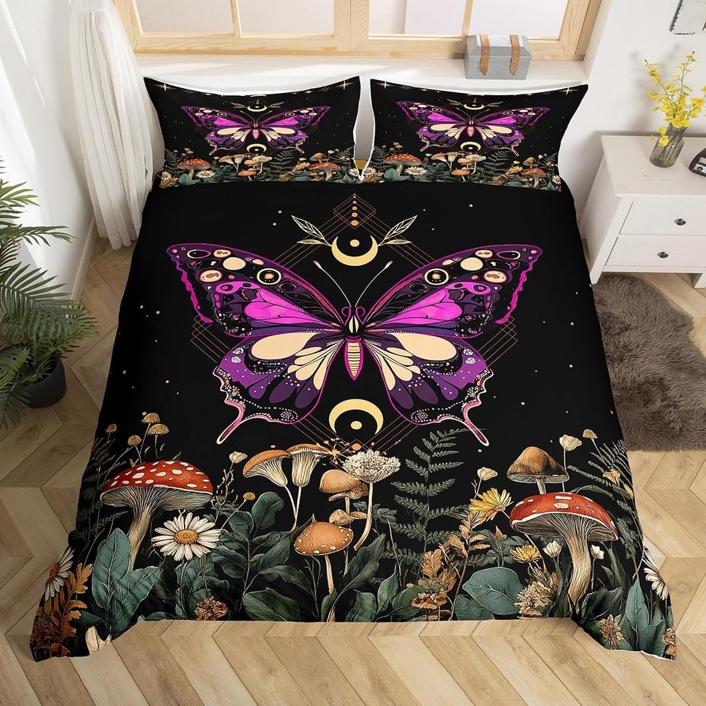 Boho Butterfly Duvet Cover Twin King,Star Moon Starry Sky Galaxy Bedding Set For Boy Girl,Cute Mushroom Daisy Flower Quilt Cover