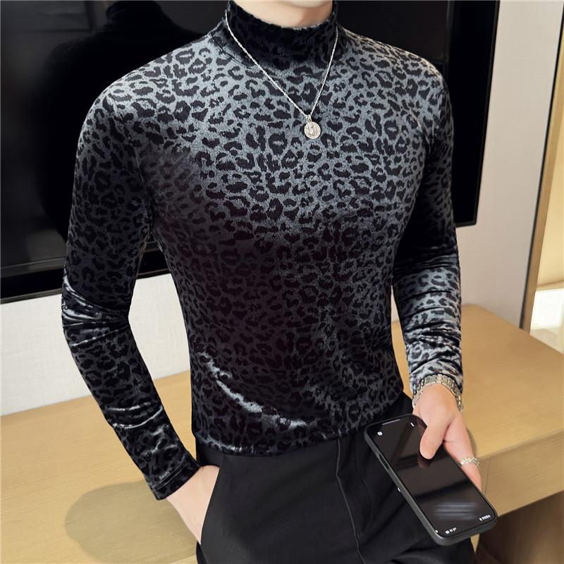 WOLF MAN Heren T-shirts Goud Fluweel Luipaard Print Lange Mouw Elastische T-shirts Voor Heren Halfhoge Kraag Slim Fit Casual Basic Tops Tees M zwart