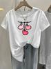 Women's Casual Elegant White T-Shirt with Pink Heart Graphic Print Round Neck Short Sleeve Sle