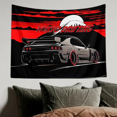 Tenture murale Voiture de drift Tokyo Accrochage mural JDM Anime Automobile Polyester Imprimé Décor Affiche pour Chambre de Garçons Filles Numérique A