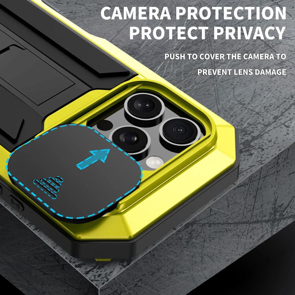 Armor Metal Phone Case for IPhone 17 16e 16 15 14 Plus 13 Pro Max Built-in Kickstand Screen Lens Protect Shockproof Guard Cover