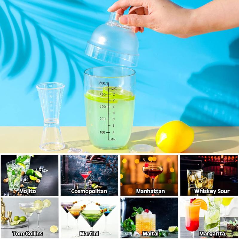500ml Kunststoff Cocktailshaker Zuhause Milchtee Getränk Weinmixer Schüttelflasche mit Bar Barkeeper Barzubehör Kessel Werkzeugset für Party