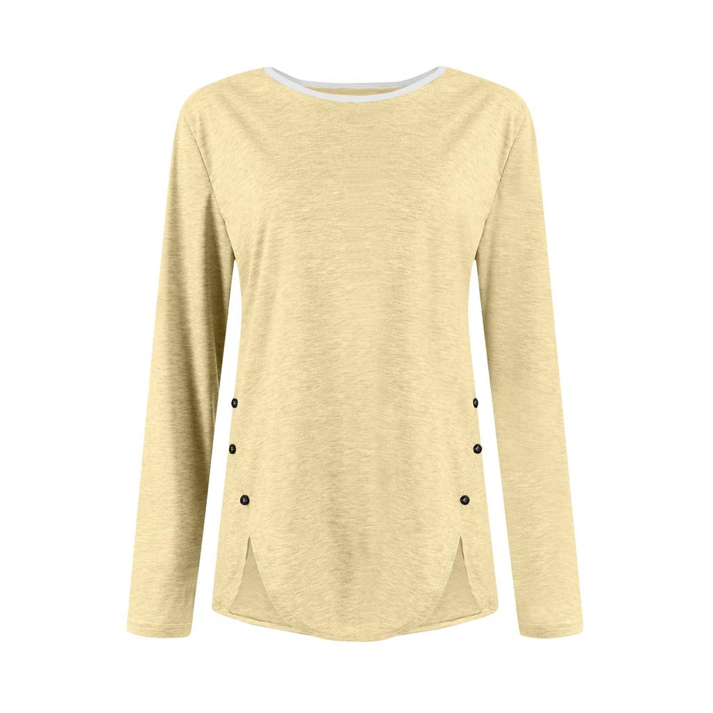 Women's Fashion Casual Solid Color Round Neck Long Sleeve Button Tops On Both Sides