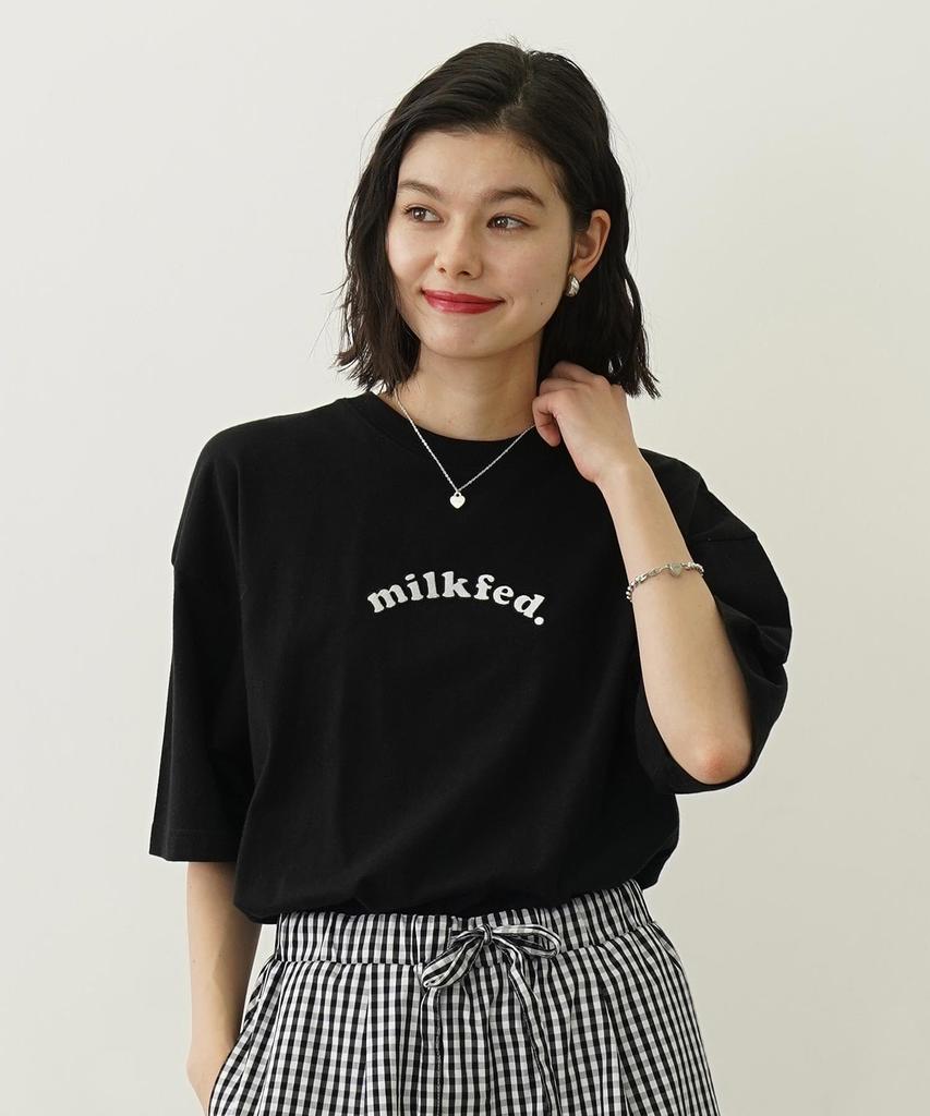 Milkfed Casual PLAID HEART WIDE TEE BLACK S/S Women's