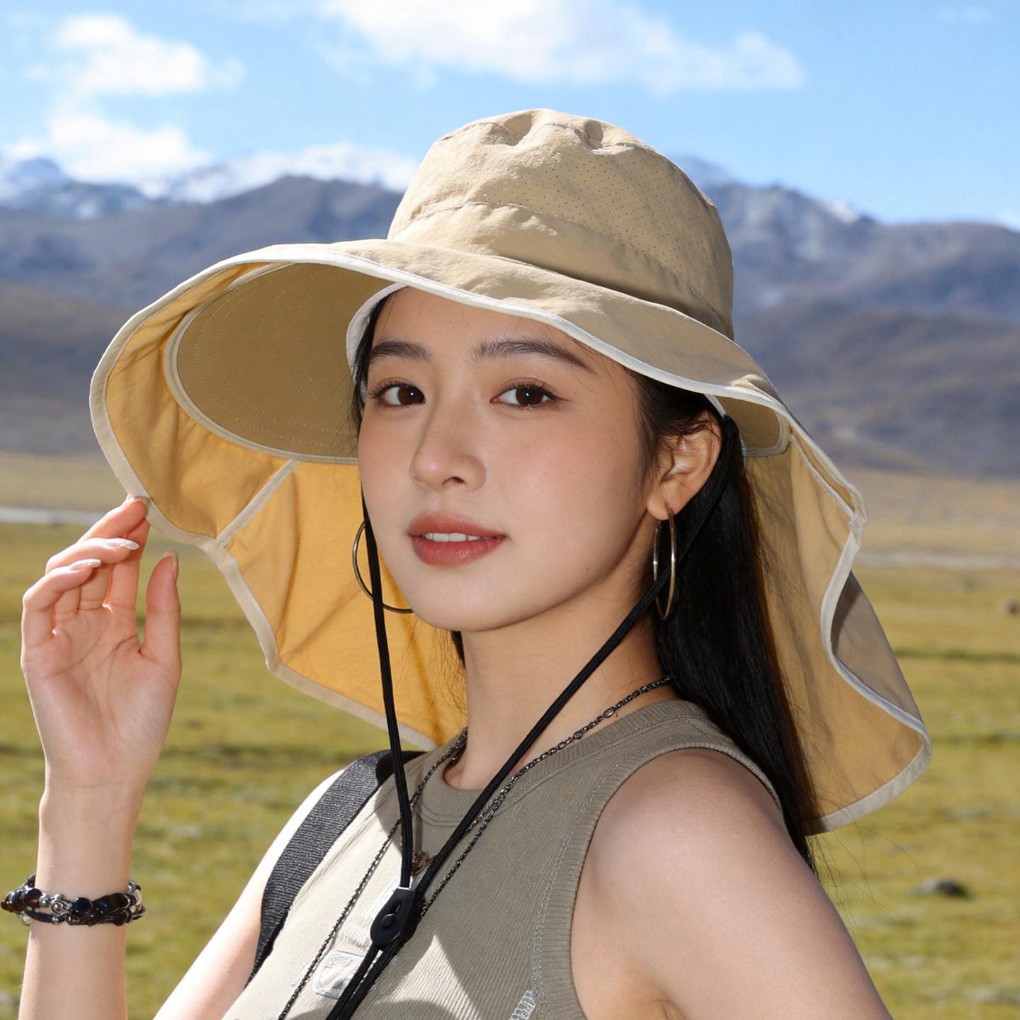 

Sun Protection Women Outdoor Fisherman s Hat Wide Brim Integrated Shawl, Neck Protection, Breathable, Foldable Versatile One Size