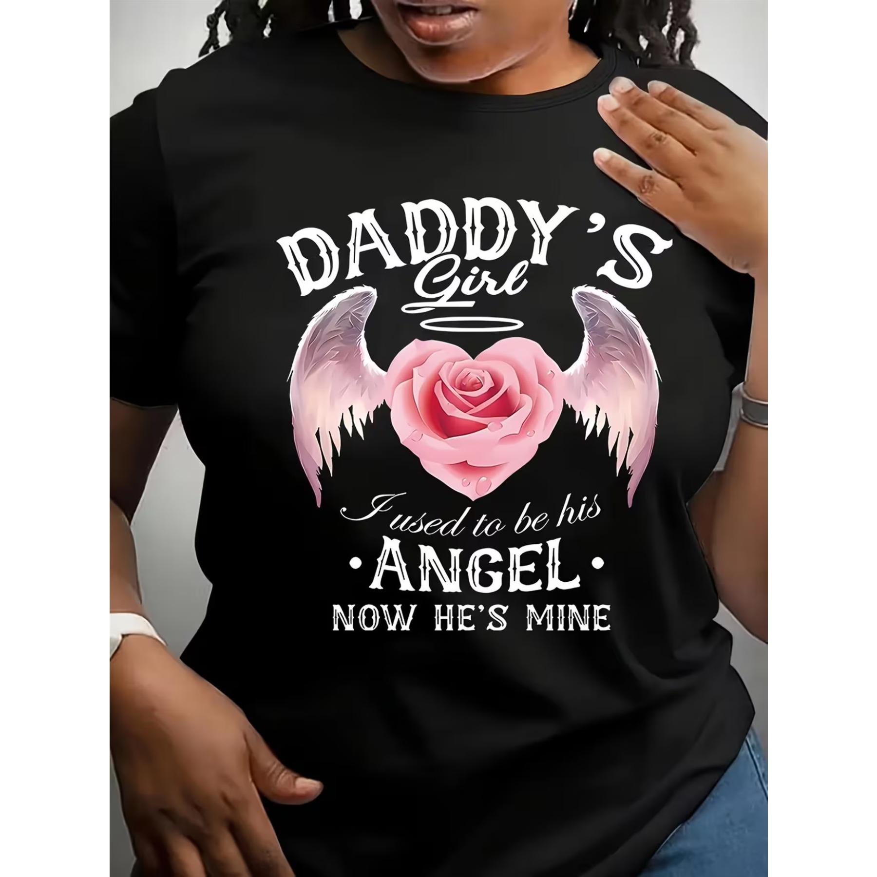 

Womens Stretchy Angel Heart & Wings Print T-Shirt with Daddy s Quote - Short Sleeve Crew Neck Casual Top XXL