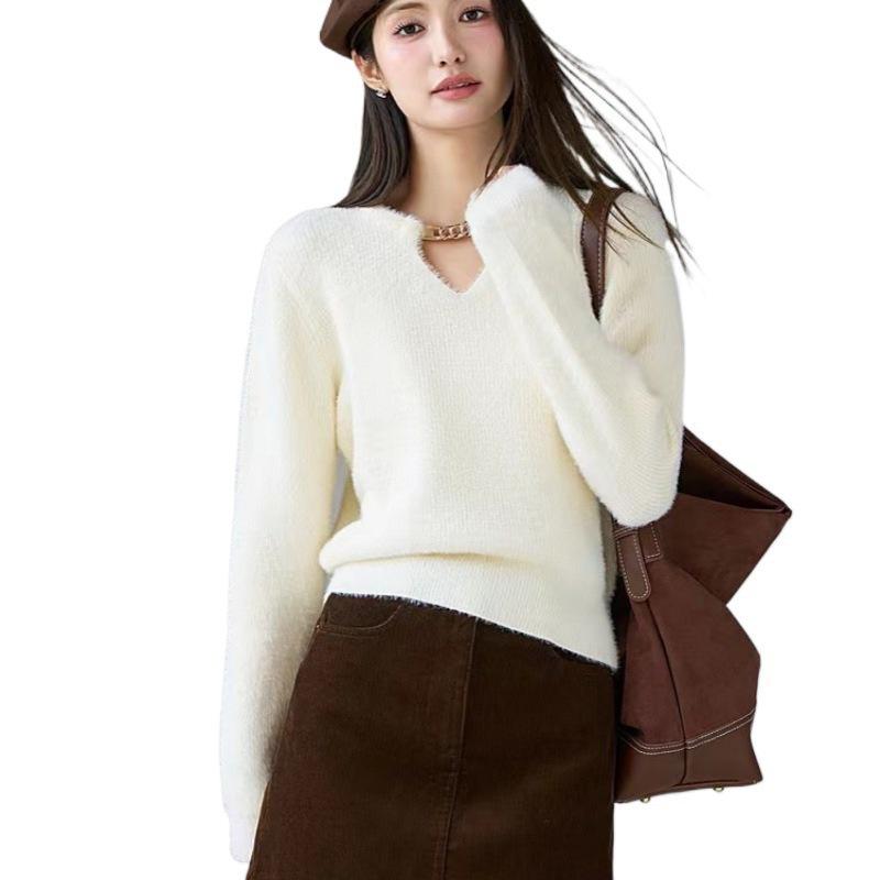 Hollow Out Solid Color Sweater for Women Autumn and Winter Small Fragrance Style Knitted Sweater Top