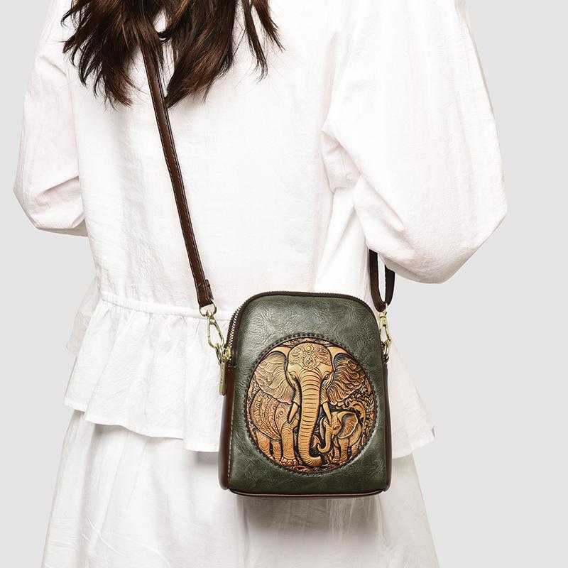 Women's Embossed Elephant Design Crossbody Bag Vintage Leather Shoulder Bag for Daily Use
