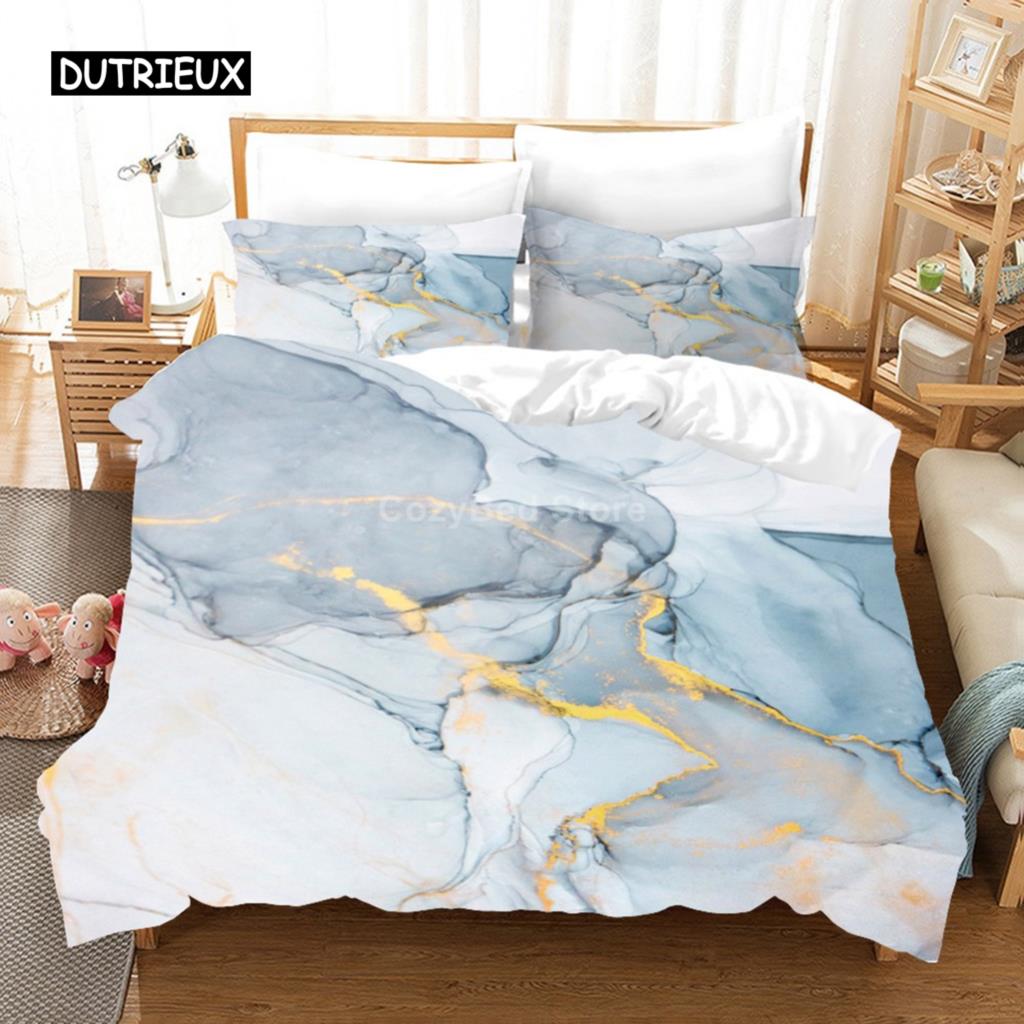 Gorgeous White Gold Marble Pattern Bedding Set Modern Duvet Cover Sets Comforter Bed Fashion Luxury Adults Bedroom Decorating