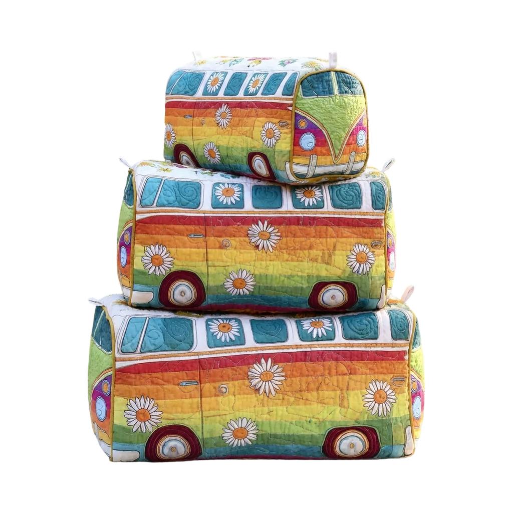 Quilted Multi Functional Storage Bag Set M Size with Floral and Nature Pattern Embroidery for Cosmetics and Accessories Organizer