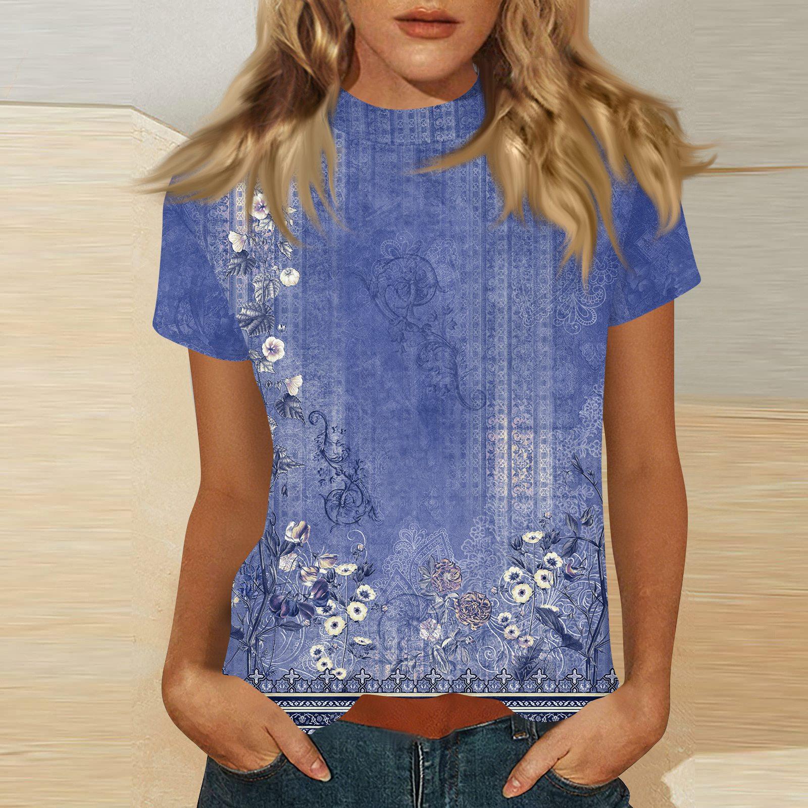 

Women s Mock Neck Short Sleeve Printed Top S фіолетовий
