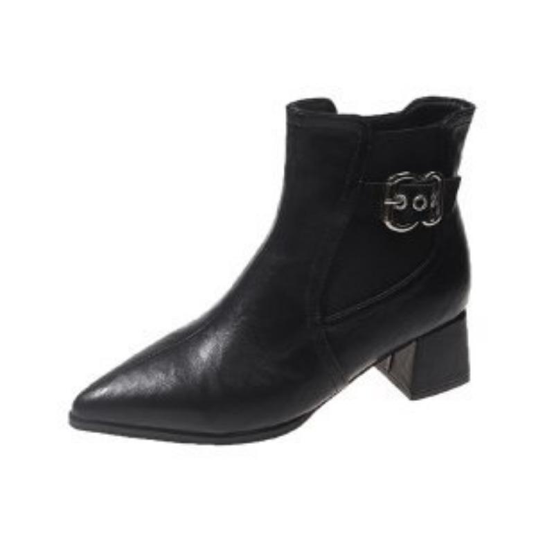 Autumn and winter new short boots women's pointed thick heel belt buckle short boots medium heel elastic short boots