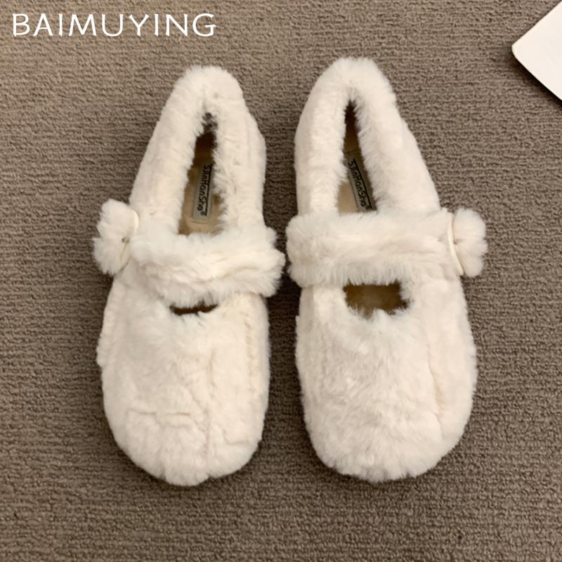 Winter Flats Women Shallow Loafers Shoes Designer Short Plush Buckle Casual Shoes 2025 Trend Walking Warm Cozy Chaussures Femme