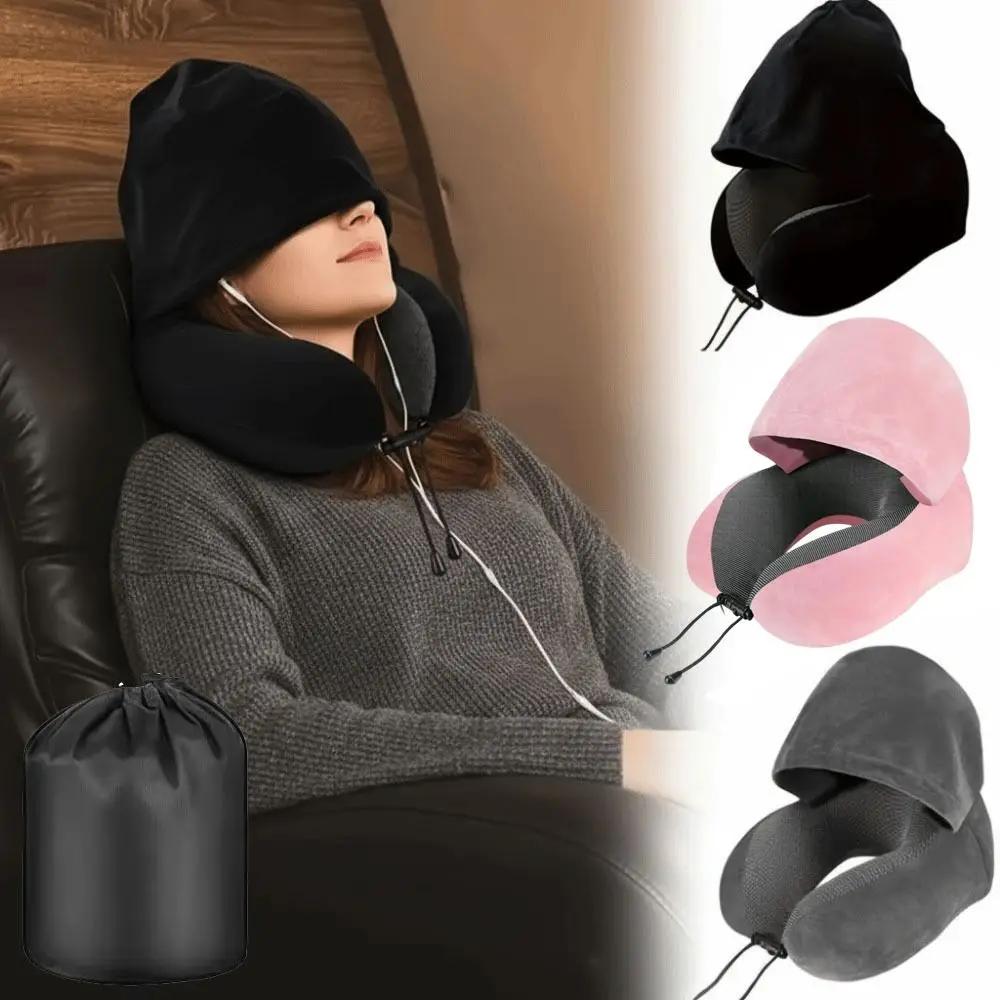 Removable Travel Neck Pillow Washable Cover Adjustable Hooded Pillow Soft Support with Storage Bag Car Neck Cushion
