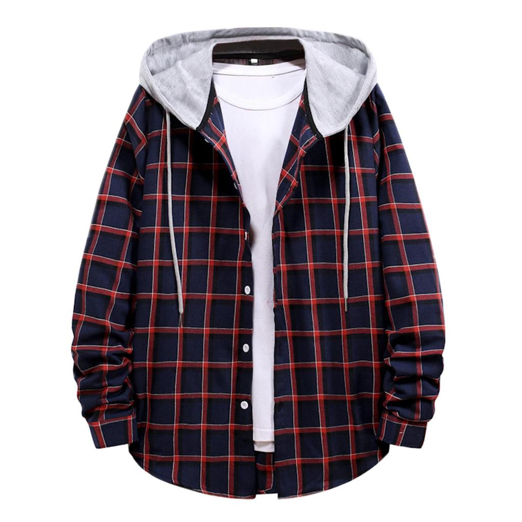 Men Casual Plaid Shirt Hooded Shirts Oversized Casual Shirt Men's Clothes European American Style Handsome Holiday Checked Shirt