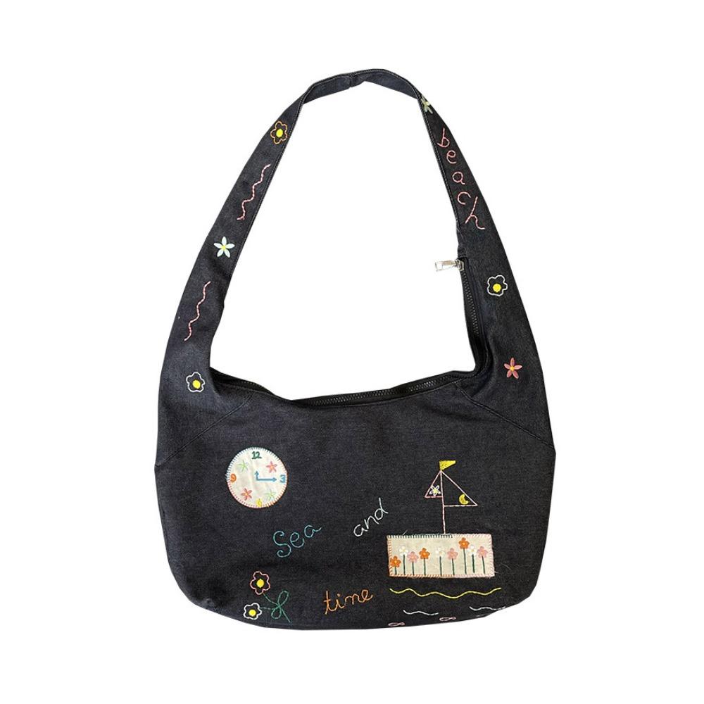 Retro Denim Canvas Bag Cloth Embroidery Tote Bag Vintage Cartoon Pattern Shoulder Bag  Travel