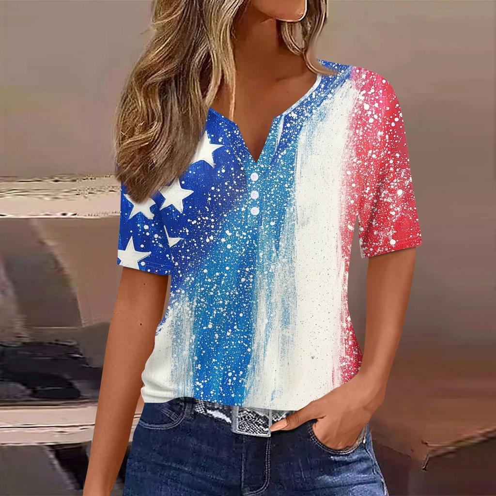 Women's T Shirt Tee Independence Day Printed Button Short Sleeve Tunic Daily Weekend Fashion Basic V- Neck Regular Top