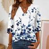 Womens V Neck Loose Fit Blouse with Floral Print Three Quarter Sleeve Button Casual Top for Daily Wear