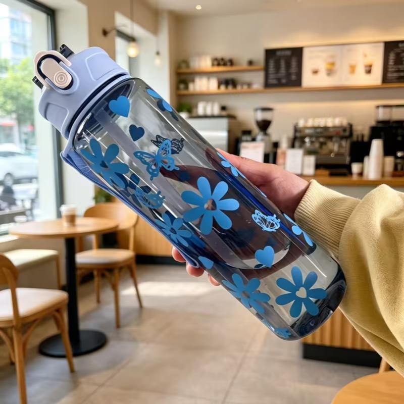 750ML Floral Bow Large Capacity Water Bottle Fresh Easy High Aesthetic Straw Cup with Handle Portable Suitable for Travel