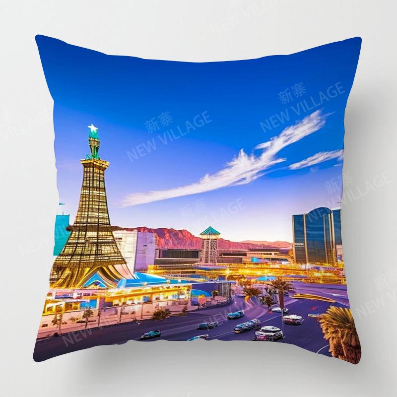Four Seasons Universal Short Plush Pillow Case Living Room Bedroom Landscape Illustration Architectural Pattern Cushion Cover