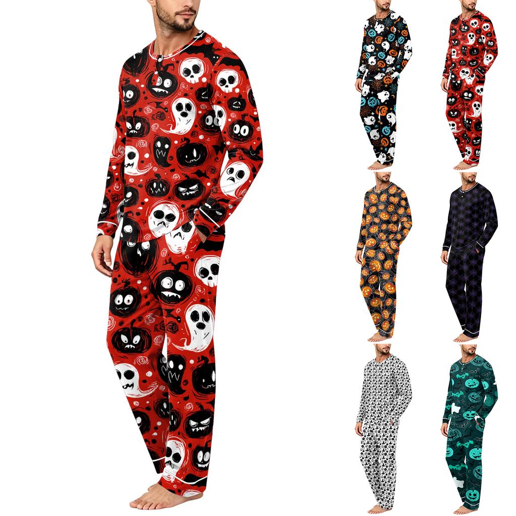 Men's Halloween Print Loose Fit Pajama Set for Casual Sleepwear