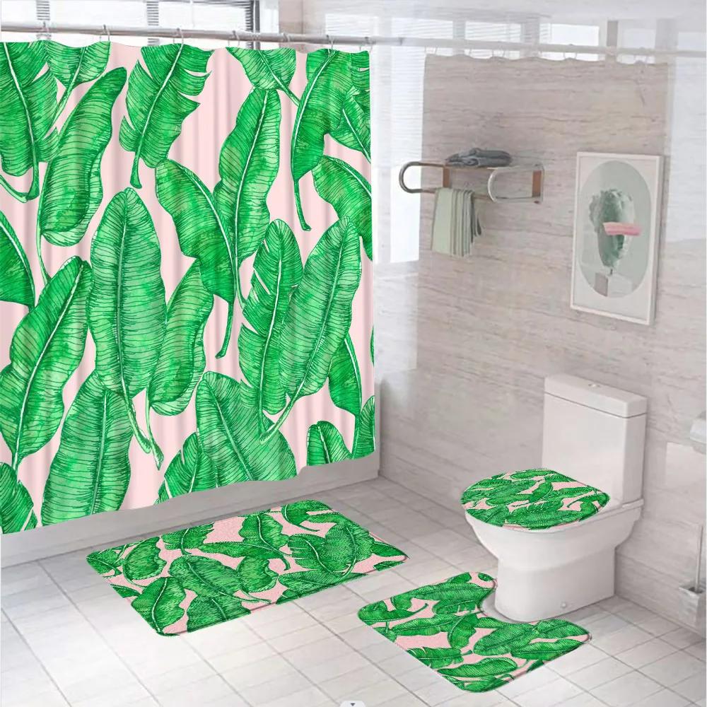 Watercolor Plant Floral Shower Curtain Set Country Wild Flower Leaves Bathroom Decor Screen Non-Slip Bath Mat Toilet Rug Carpet